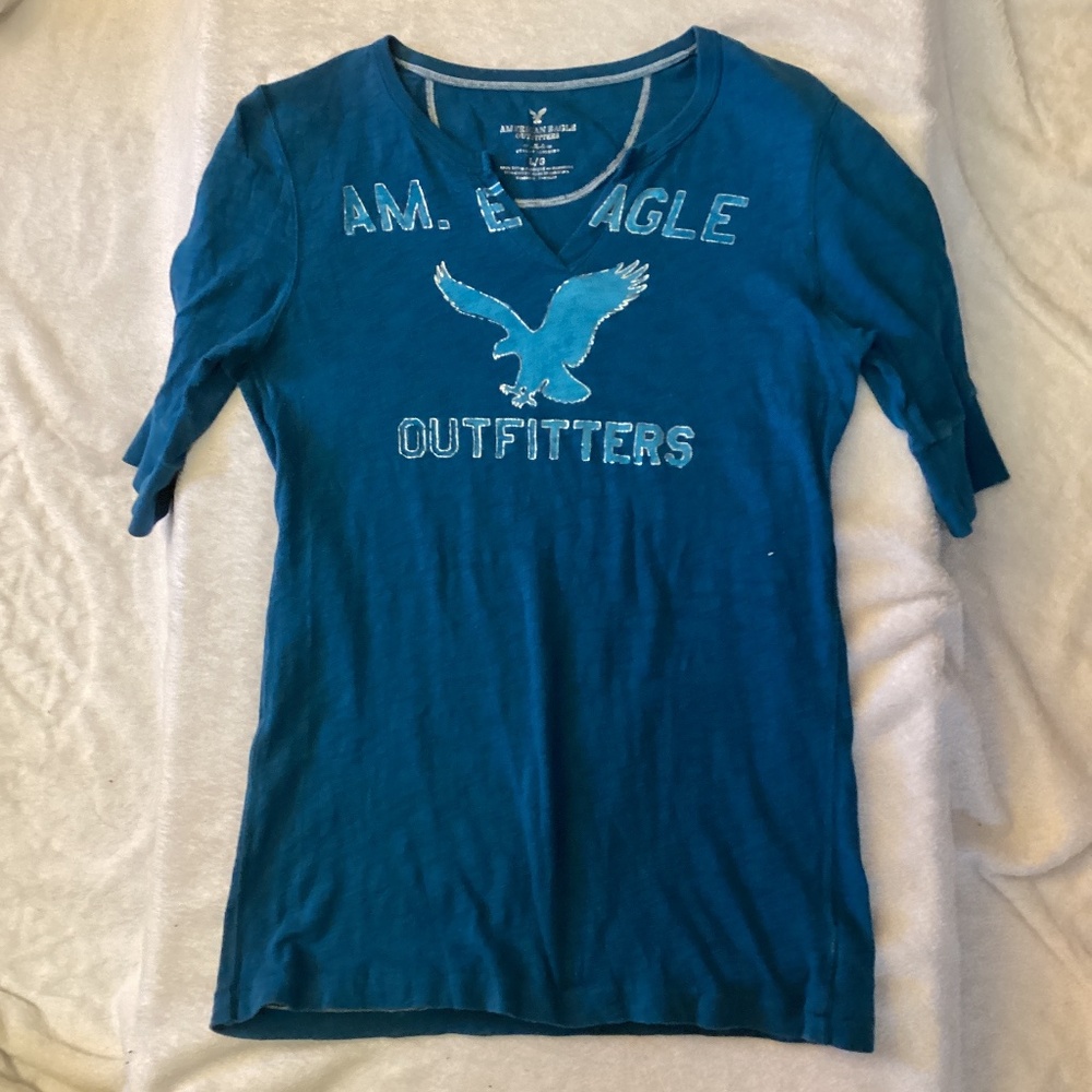 American Eagle Outfitters Teal Logo V-Neck Women's Top
